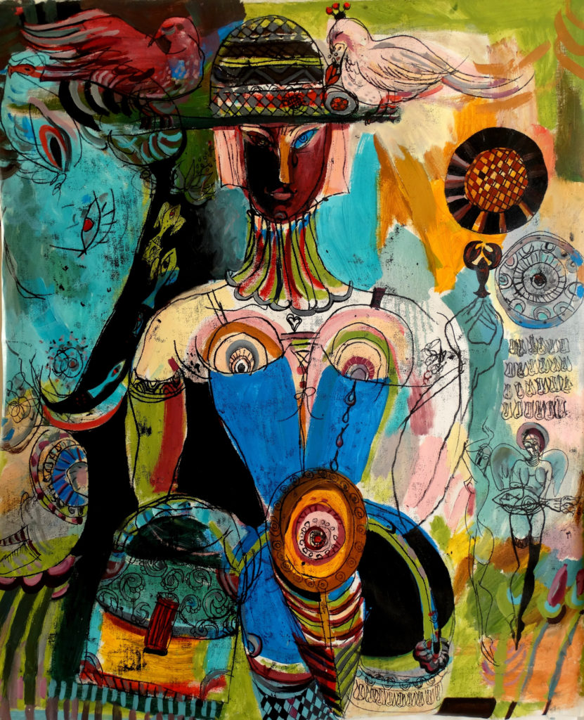 Woman and blue bull, artwork by Ieva Caruka