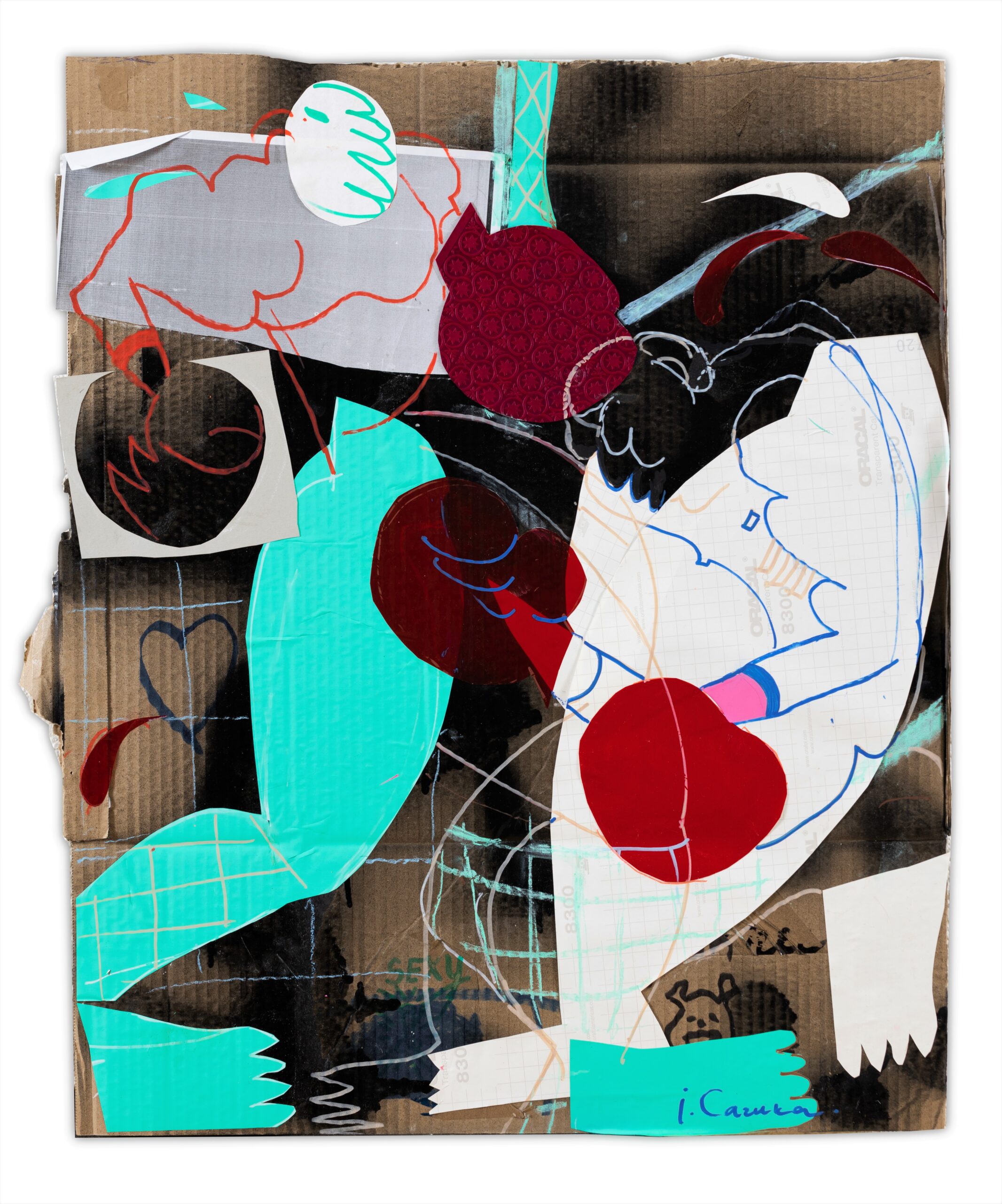 Wins and losses 2. Collage, plastic adhesive films, acrylic markers, spray paint, cardboard. 62x75cm 2023.